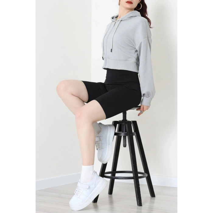 3 İplik Şardonsuz Balon Kol Crop Sweat Koyugri - 80773.1878.