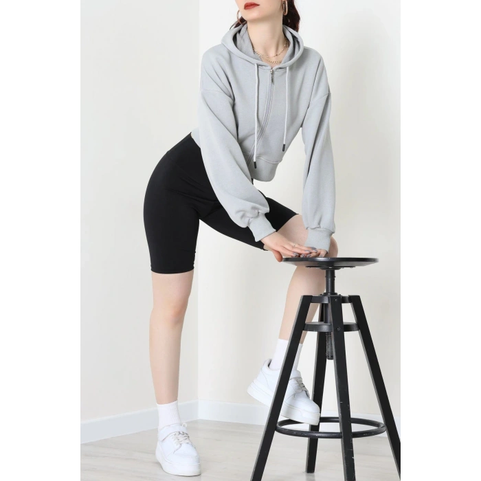 3 İplik Şardonsuz Balon Kol Crop Sweat Koyugri - 80773.1878.