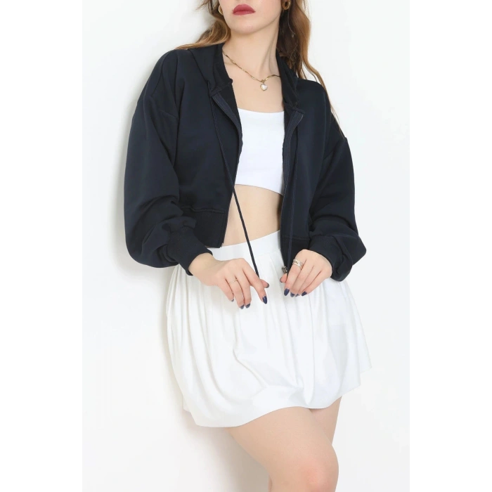 3 İplik Şardonsuz Balon Kol Crop Sweat Lacivert - 80773.1878.