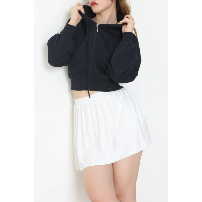 3 İplik Şardonsuz Balon Kol Crop Sweat Lacivert - 80773.1878.