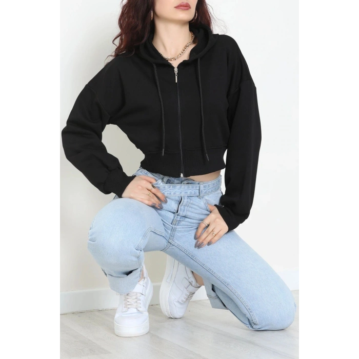 3 İplik Şardonsuz Balon Kol Crop Sweat Siyah - 80773.1878.