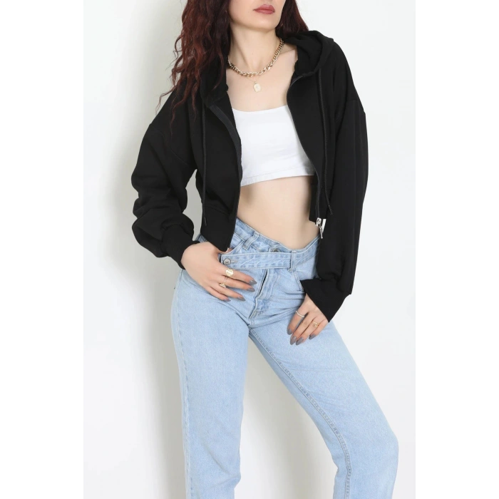 3 İplik Şardonsuz Balon Kol Crop Sweat Siyah - 80773.1878.