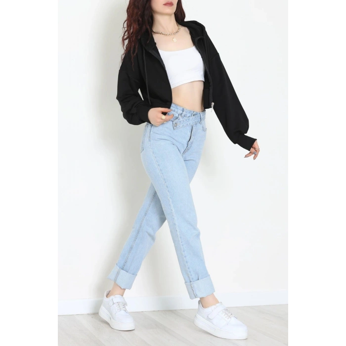 3 İplik Şardonsuz Balon Kol Crop Sweat Siyah - 80773.1878.