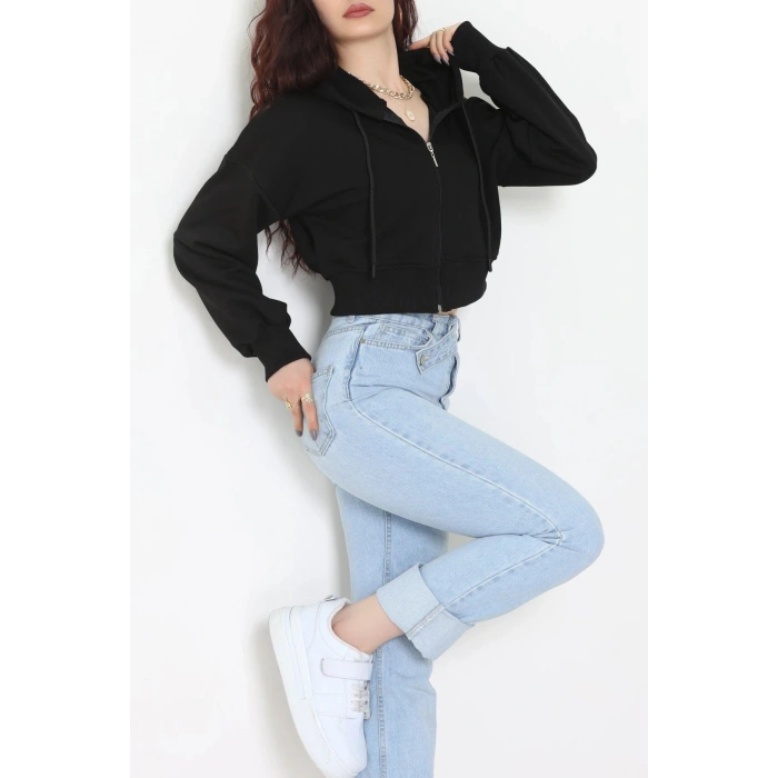 3 İplik Şardonsuz Balon Kol Crop Sweat Siyah - 80773.1878.