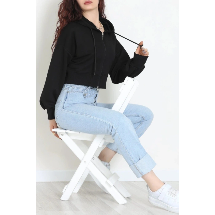 3 İplik Şardonsuz Balon Kol Crop Sweat Siyah - 80773.1878.