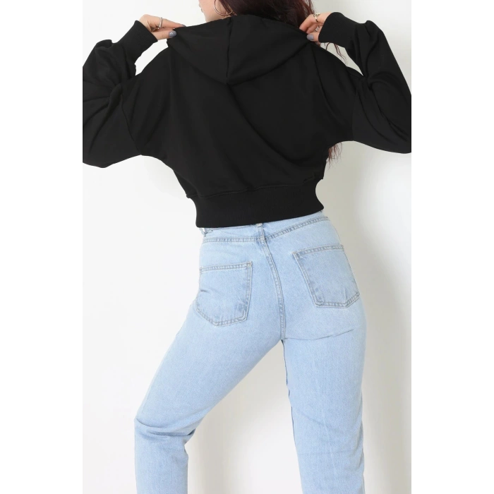 3 İplik Şardonsuz Balon Kol Crop Sweat Siyah - 80773.1878.