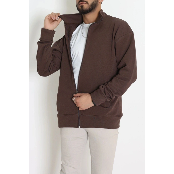 3 İplik Şardonsuz Dik Yaka Fermuarlı Erkek Sweat Kahve - 42816.1878.