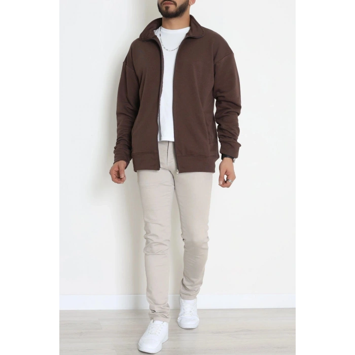 3 İplik Şardonsuz Dik Yaka Fermuarlı Erkek Sweat Kahve - 42816.1878.