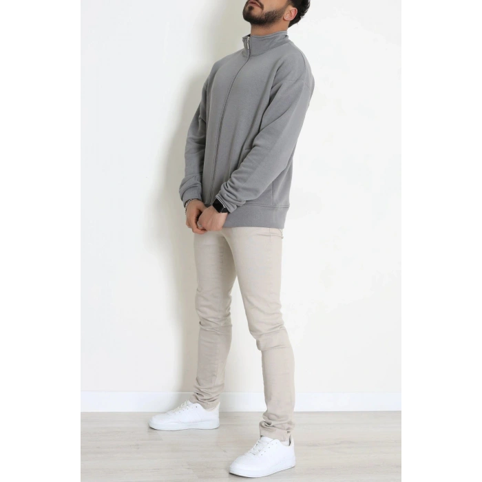 3 İplik Şardonsuz Dik Yaka Fermuarlı Erkek Sweat Koyugri - 42816.1878.
