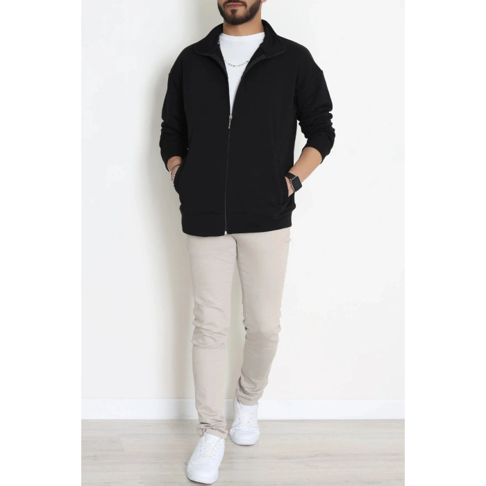 3 İplik Şardonsuz Dik Yaka Fermuarlı Erkek Sweat Siyah - 42816.1878.