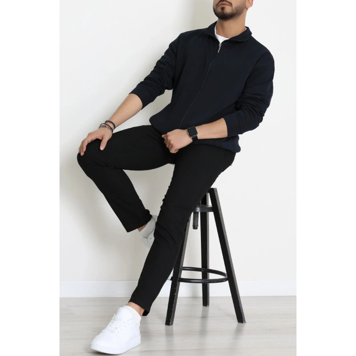 3 İplik Şardonsuz Erkek Cepli Dik Yaka Sweat Lacivert - 80776.1878.