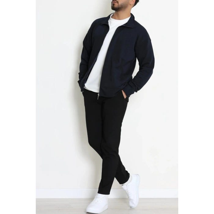 3 İplik Şardonsuz Erkek Cepli Dik Yaka Sweat Lacivert - 80776.1878.