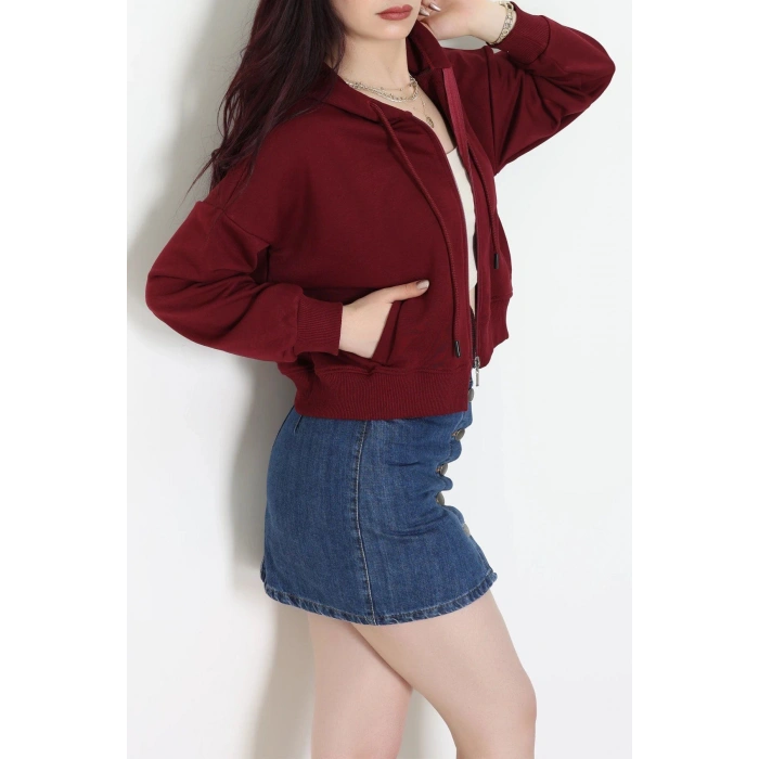3 İplik Şardonsuz Fermuarlı Cepli Crop Sweat Bordo - 80774.1878.