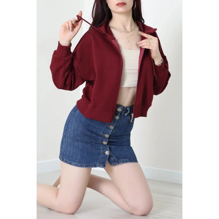 3 İplik Şardonsuz Fermuarlı Cepli Crop Sweat Bordo - 80774.1878.