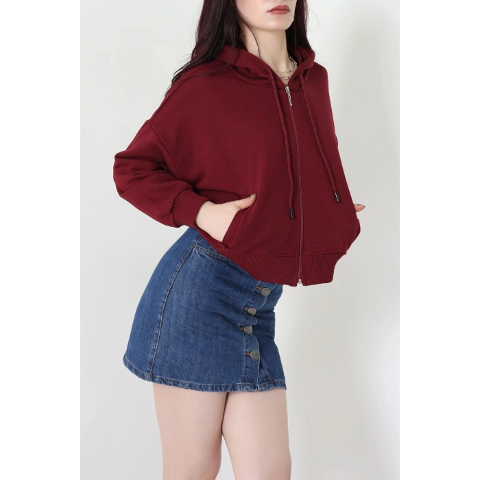 3 İplik Şardonsuz Fermuarlı Cepli Crop Sweat Bordo - 80774.1878.
