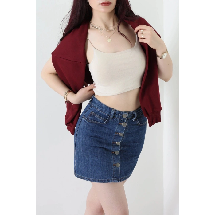3 İplik Şardonsuz Fermuarlı Cepli Crop Sweat Bordo - 80774.1878.