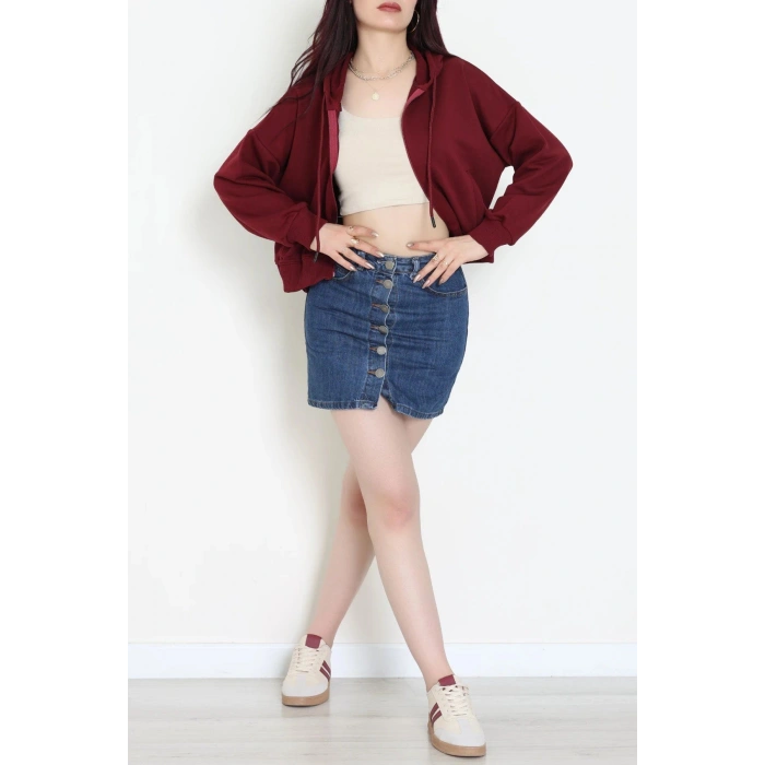3 İplik Şardonsuz Fermuarlı Cepli Crop Sweat Bordo - 80774.1878.