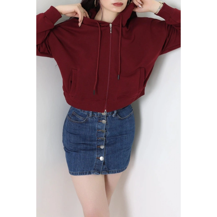 3 İplik Şardonsuz Fermuarlı Cepli Crop Sweat Bordo - 80774.1878.