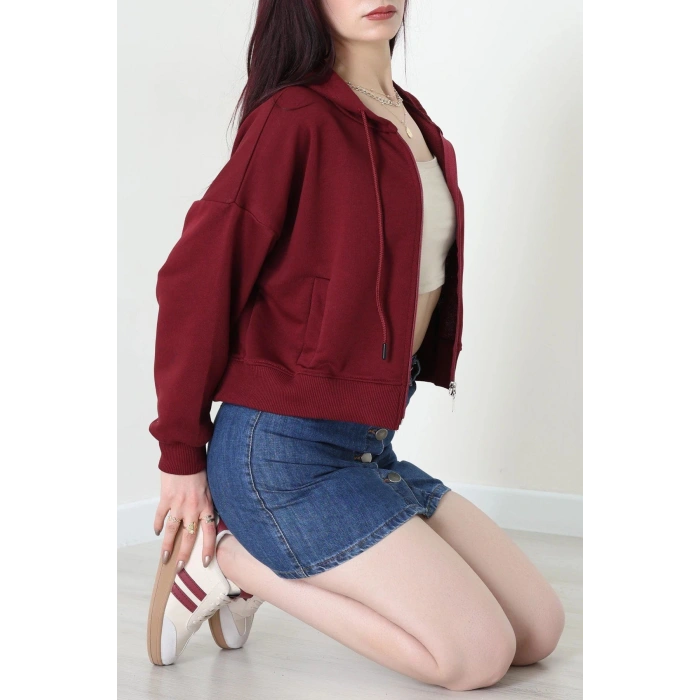 3 İplik Şardonsuz Fermuarlı Cepli Crop Sweat Bordo - 80774.1878.