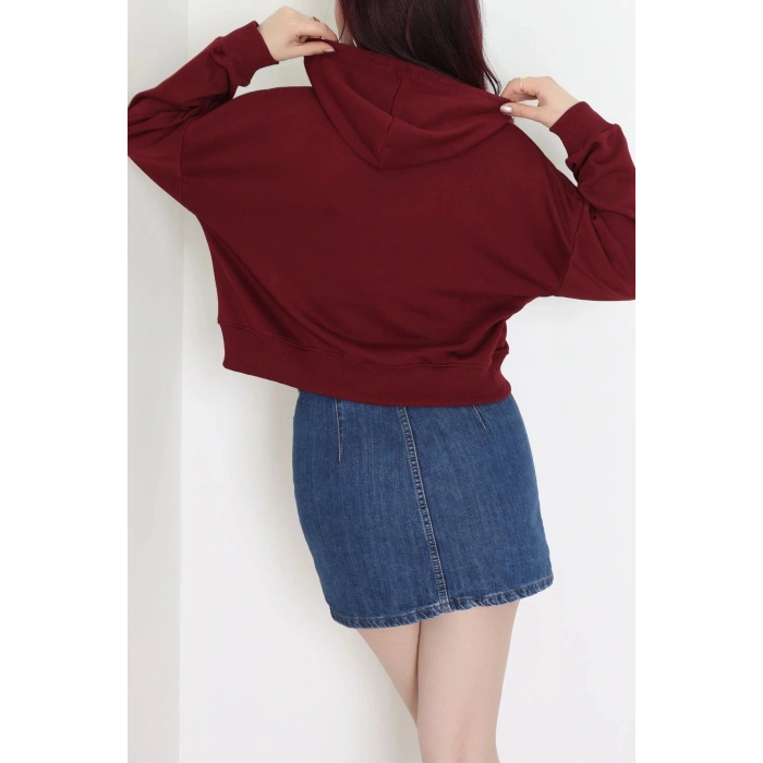 3 İplik Şardonsuz Fermuarlı Cepli Crop Sweat Bordo - 80774.1878.