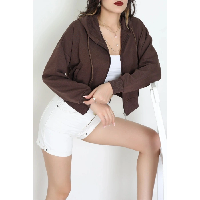 3 İplik Şardonsuz Fermuarlı Cepli Crop Sweat Kahve - 80774.1878.