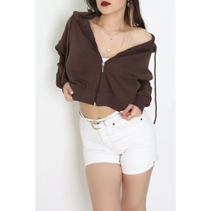 3 İplik Şardonsuz Fermuarlı Cepli Crop Sweat Kahve - 80774.1878.