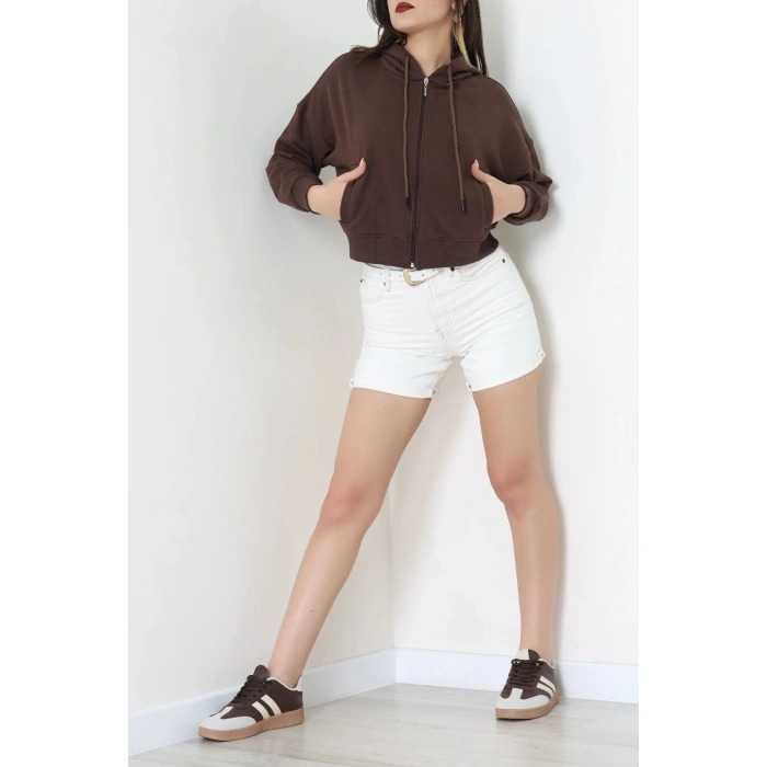 3 İplik Şardonsuz Fermuarlı Cepli Crop Sweat Kahve - 80774.1878.