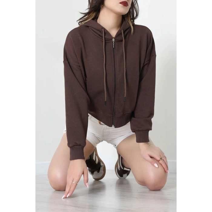 3 İplik Şardonsuz Fermuarlı Cepli Crop Sweat Kahve - 80774.1878.