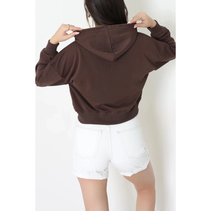 3 İplik Şardonsuz Fermuarlı Cepli Crop Sweat Kahve - 80774.1878.