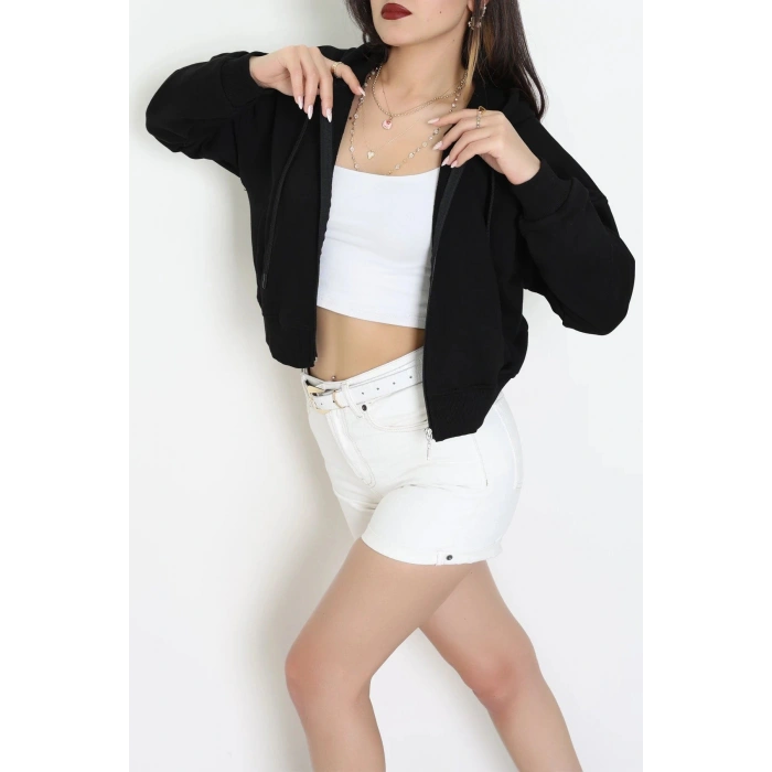 3 İplik Şardonsuz Fermuarlı Cepli Crop Sweat Siyah - 80774.1878.
