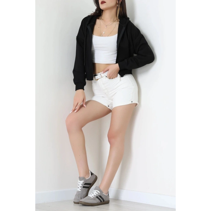 3 İplik Şardonsuz Fermuarlı Cepli Crop Sweat Siyah - 80774.1878.
