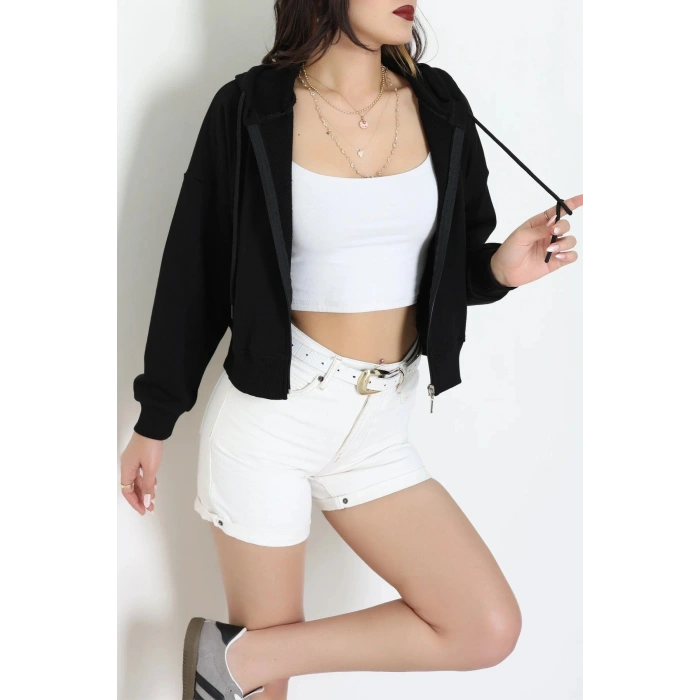 3 İplik Şardonsuz Fermuarlı Cepli Crop Sweat Siyah - 80774.1878.