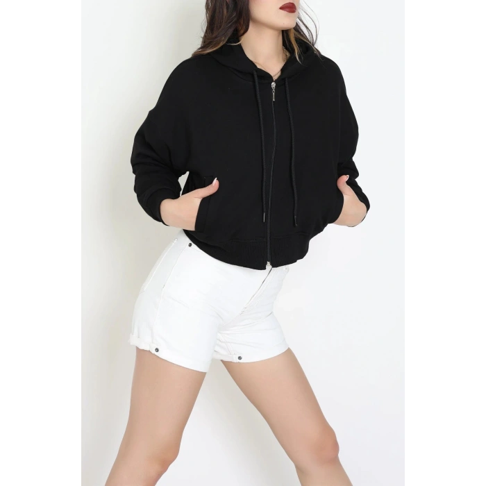 3 İplik Şardonsuz Fermuarlı Cepli Crop Sweat Siyah - 80774.1878.
