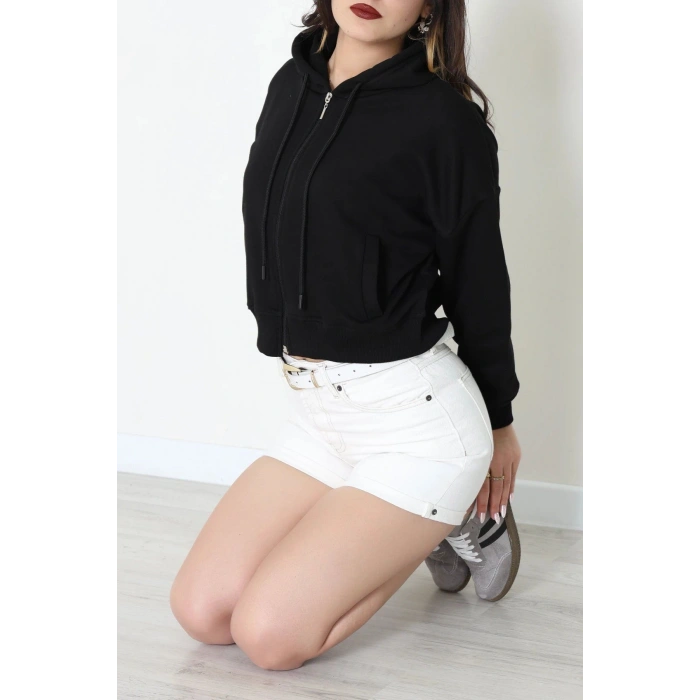 3 İplik Şardonsuz Fermuarlı Cepli Crop Sweat Siyah - 80774.1878.