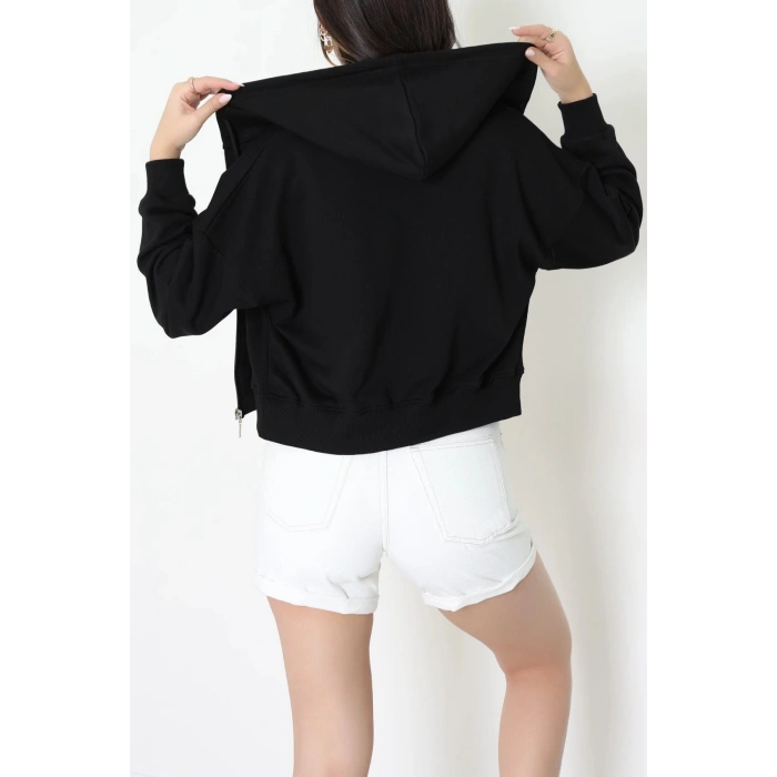 3 İplik Şardonsuz Fermuarlı Cepli Crop Sweat Siyah - 80774.1878.