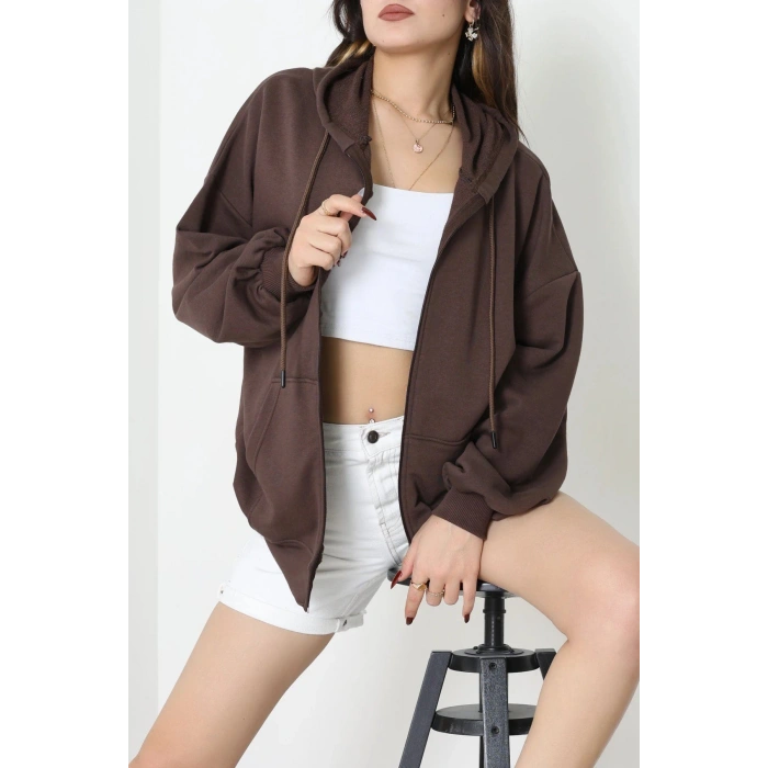 3 İplik Şardonsuz Fermuarlı Oversize Kanguru Sweat Kahve - 80775.1878.