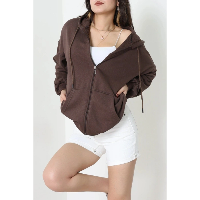 3 İplik Şardonsuz Fermuarlı Oversize Kanguru Sweat Kahve - 80775.1878.