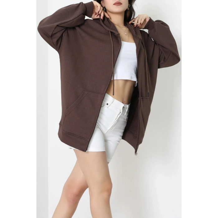 3 İplik Şardonsuz Fermuarlı Oversize Kanguru Sweat Kahve - 80775.1878.