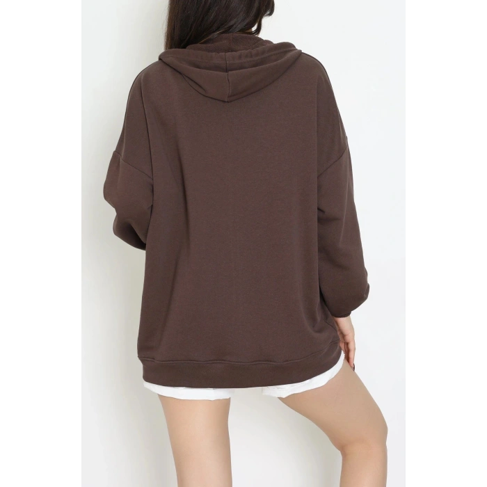 3 İplik Şardonsuz Fermuarlı Oversize Kanguru Sweat Kahve - 80775.1878.