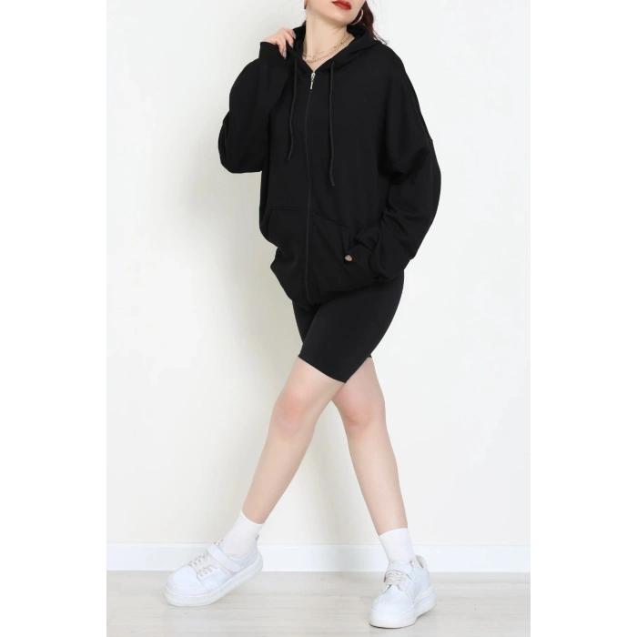 3 İplik Şardonsuz Fermuarlı Oversize Kanguru Sweat Siyah - 80775.1878.