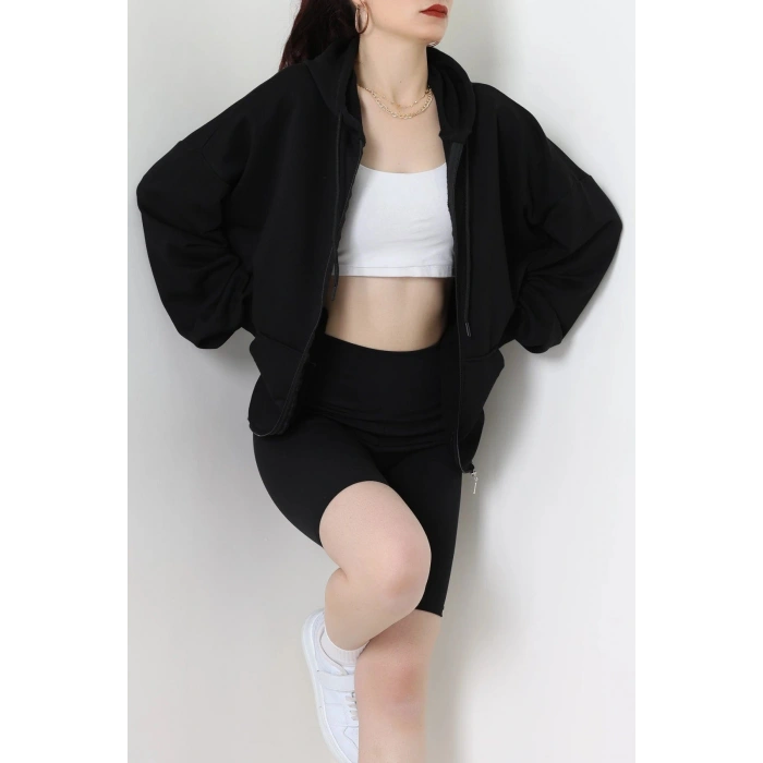 3 İplik Şardonsuz Fermuarlı Oversize Kanguru Sweat Siyah - 80775.1878.