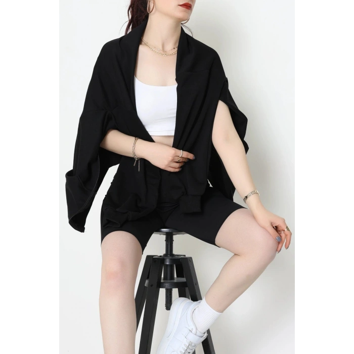 3 İplik Şardonsuz Fermuarlı Oversize Kanguru Sweat Siyah - 80775.1878.