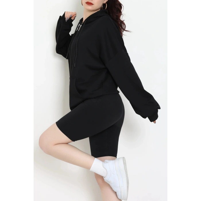 3 İplik Şardonsuz Fermuarlı Oversize Kanguru Sweat Siyah - 80775.1878.