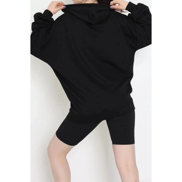 3 İplik Şardonsuz Fermuarlı Oversize Kanguru Sweat Siyah - 80775.1878.