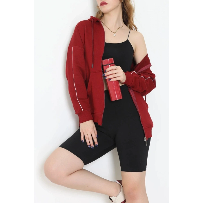 3 İplik Şardonsuz Fermuarlı Şeritli Oversize Sweat Bordo - 80772.1878.