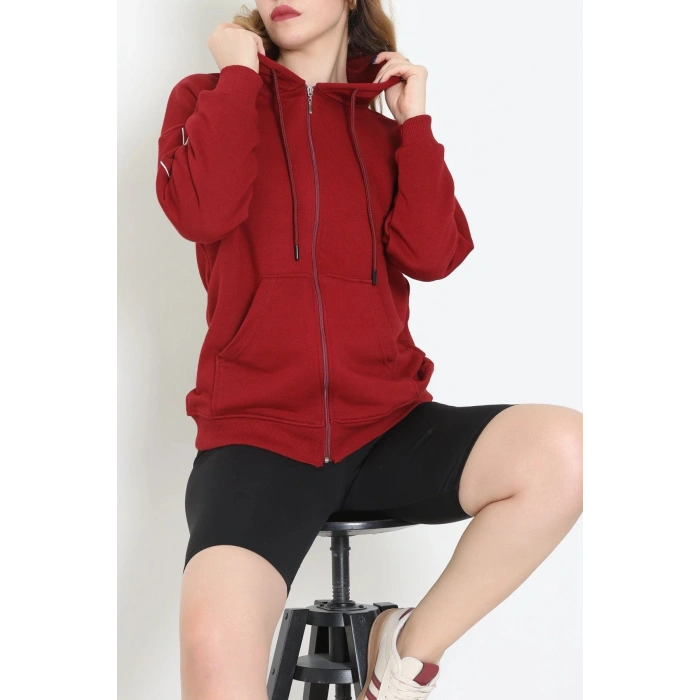 3 İplik Şardonsuz Fermuarlı Şeritli Oversize Sweat Bordo - 80772.1878.