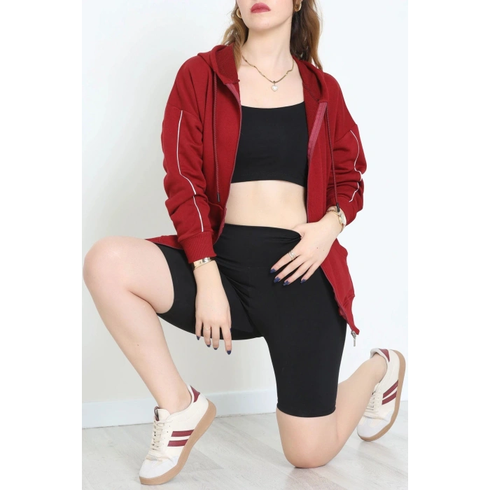 3 İplik Şardonsuz Fermuarlı Şeritli Oversize Sweat Bordo - 80772.1878.
