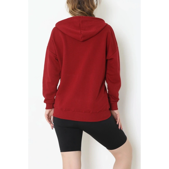 3 İplik Şardonsuz Fermuarlı Şeritli Oversize Sweat Bordo - 80772.1878.
