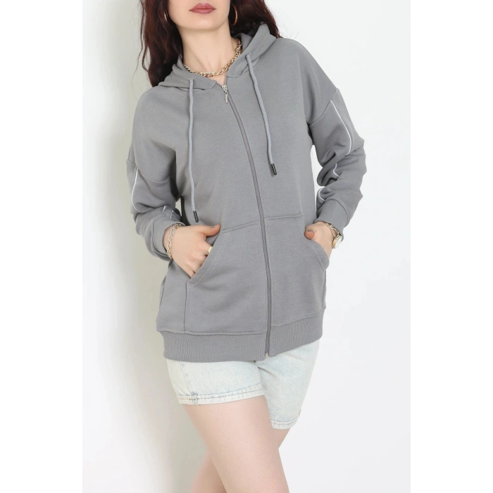 3 İplik Şardonsuz Fermuarlı Şeritli Oversize Sweat Koyugri - 80772.1878.