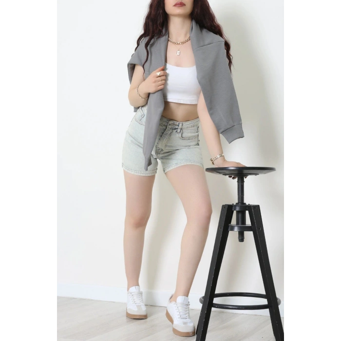 3 İplik Şardonsuz Fermuarlı Şeritli Oversize Sweat Koyugri - 80772.1878.